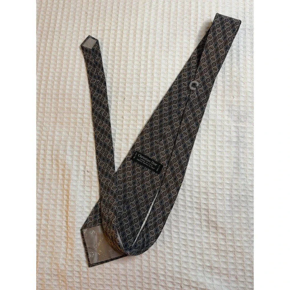 Christian Dior Necktie Mens One Size Brown Blue Geometric Silk Made in USA